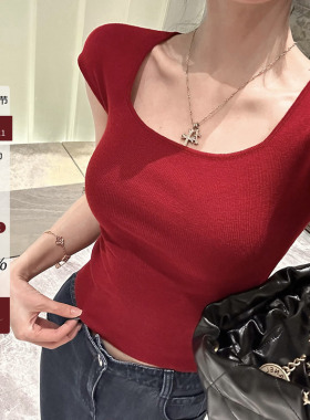 Yuyueer方领短袖针织红色T恤女夏季高级紧身短款修身打底衫上衣