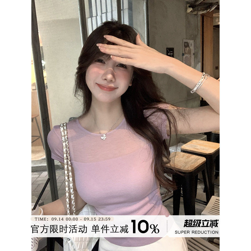 粉色打底衫收腰短款紧身上衣图片