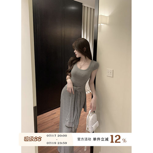 灰色正肩收腰短袖绑带连衣裙