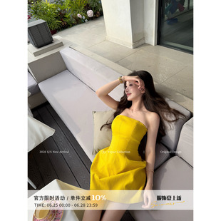 Yuyueer莱赛尔亚麻抹胸无袖连衣裙女夏季法式气质收腰显瘦a字短裙