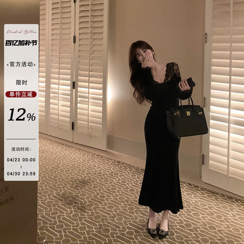 yuyuel黑色蕾丝长袖内搭鱼尾连衣裙女冬季性感气质修身包臀长裙