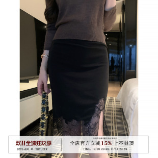 Yuyueer愉悦喻悦 黑色蕾丝开叉半身裙女春季纯欲气质包臀短款裙子