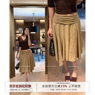 Yuyueer愉悦喻悦 不规则褶皱a字半裙女秋季复古宽松百搭中长裙