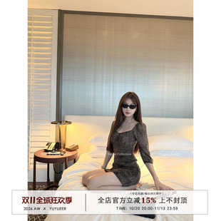 Yuyueer 豹纹方领桃心领连衣裙女夏季修身显瘦中袖气质短款连衣裙
