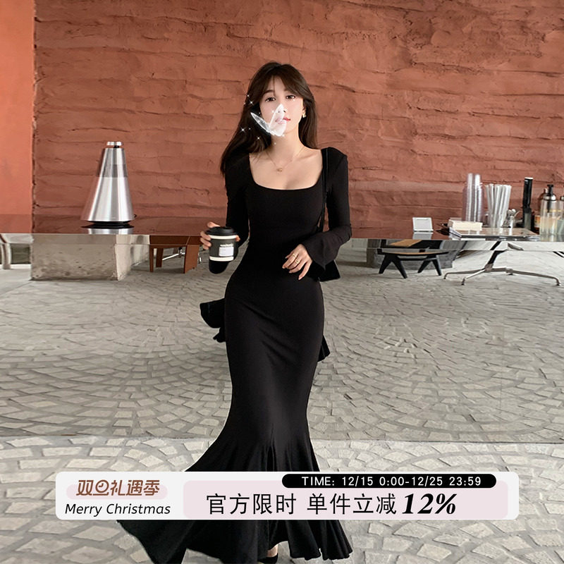方领长袖鱼尾连衣裙女秋冬