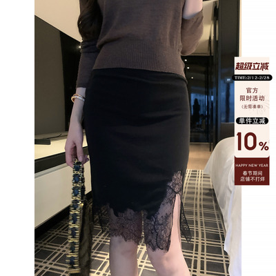 黑色含羊毛蕾丝开叉半身裙女春季