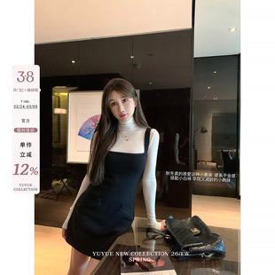 愉悦喻悦 黑色宽边针织包臀吊带连衣裙女春季韩系修身短款裙子