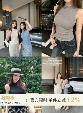 纯色半高领无袖背心T恤女夏季