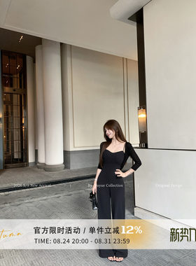 黑色V领无袖吊带连体裤女