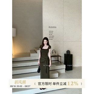 Yuyueer 褐绿色绑带收腰方领短袖连衣裙女夏季韩版气质修身长裙