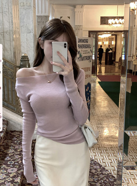 愉悦喻悦斜肩羊毛长袖针织衫女春季法式设计感收腰显瘦打底衫上衣