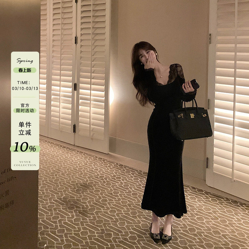 愉悦喻悦黑色蕾丝长袖内搭鱼尾连衣裙女冬季性感气质修身包臀长裙