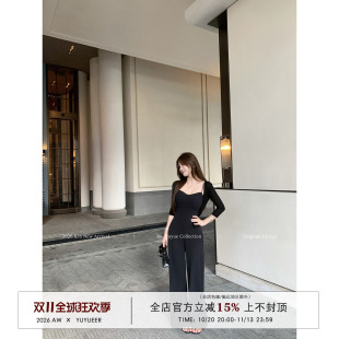 Yuyueer黑色V领无袖吊带连体裤女夏季休闲宽松气质显瘦阔腿裤长裤