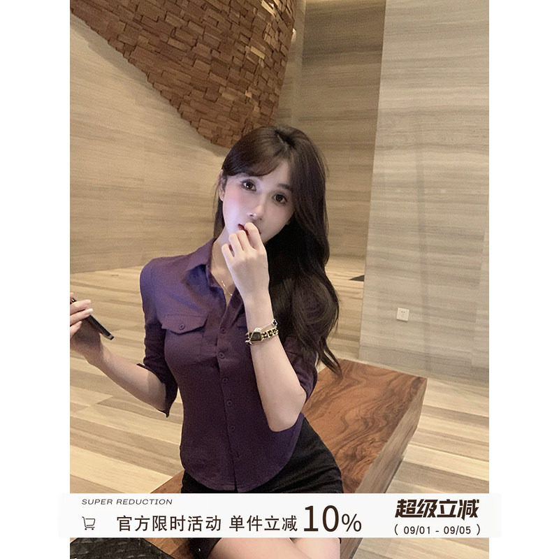 设计感polo领纯色百搭衬衫图片