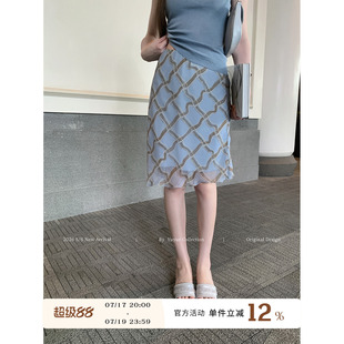 Yuyueer 蓝色纱网显瘦格子裙韩版女夏季休闲通勤中长款A字半身裙