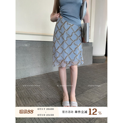 蓝色纱网显瘦格子裙韩版女