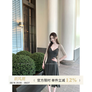 Yuyueer 深灰色性感吊带连衣裙女夏季韩版气质修身收腰A字长裙