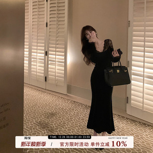 包臀长裙 性感气质修身 愉悦愉悦黑色蕾丝长袖 内搭鱼尾连衣裙女冬季