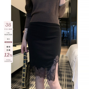 愉悦喻悦 黑色含羊毛蕾丝开叉半身裙女春季纯欲气质包臀短款裙子