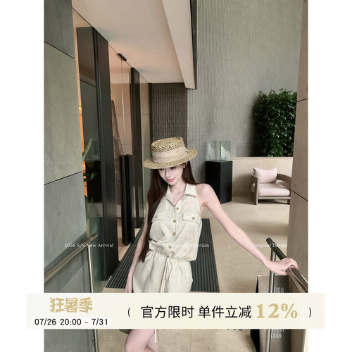 亚麻露背挂脖无袖连衣裙女夏季