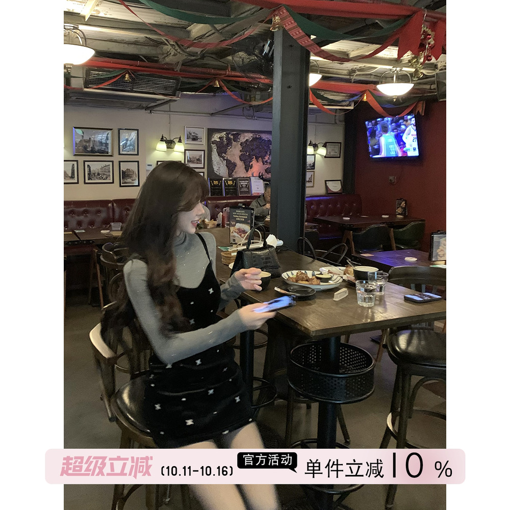 法式黑色刺绣丝绒背心连衣裙女