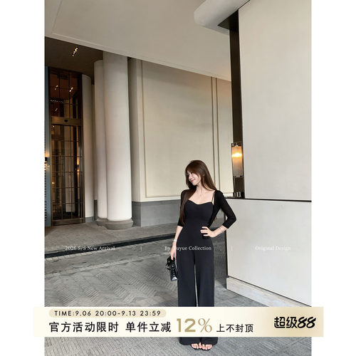 黑色V领无袖吊带连体裤女