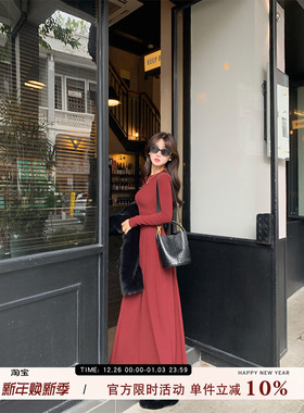 愉悦愉悦纯色圆领内搭长袖连衣裙女春季气质修身显瘦打底长款裙子