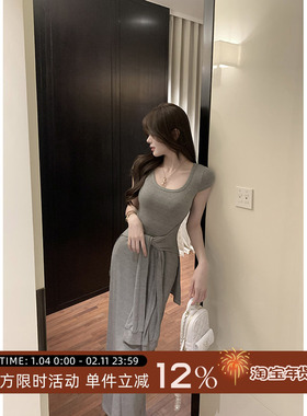 愉悦愉悦灰色短袖绑带气质连衣裙女夏季韩系高级修身收腰长款裙子