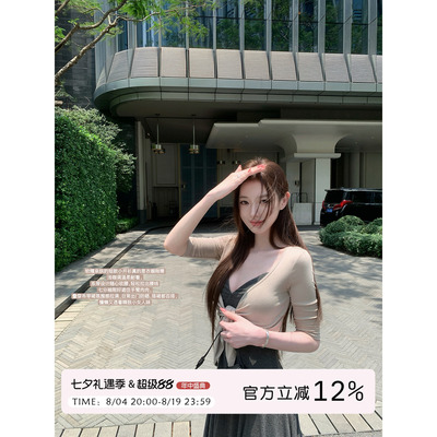 杏色薄款V领绑带上衣女夏季