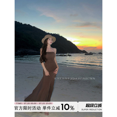 莫代尔抹胸褶皱掐腰大摆连衣裙