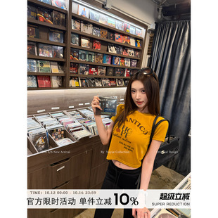 Yuyueer愉悦喻悦 黄色字母印花短款T恤女夏季韩系修身短袖上衣