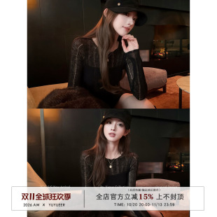Yuyueer愉悦喻悦 微透镂空修身打底针织衫女秋冬韩系休闲简约上衣