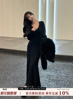 愉悦愉悦 黑色V领蕾丝长袖鱼尾连衣裙女秋冬收腰修身气质包臀长裙