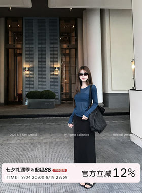 黑色垂感后开叉直筒裙女夏季