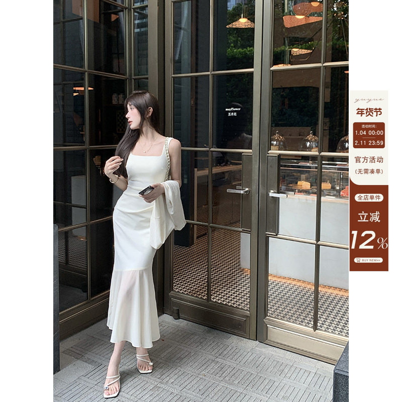 愉悦愉悦白色吊带拼接连衣裙女夏季法式高级气质收腰修身鱼尾长裙,女装/女士精品,连衣裙,淘宝优惠券,粉丝福利购,淘宝优惠卷
