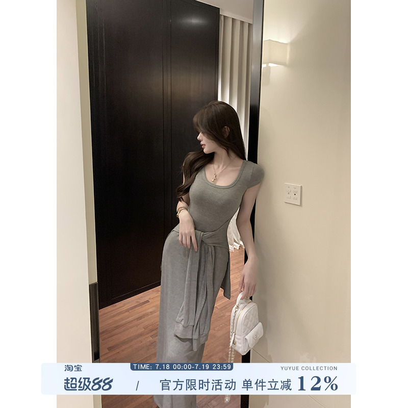 愉悦灰色正肩收腰短袖绑带连衣裙