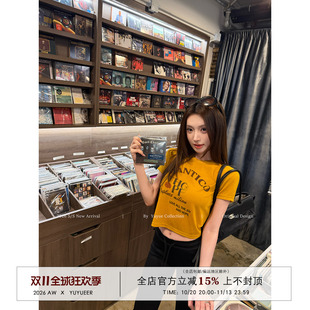 Yuyueer愉悦喻悦 黄色字母印花短款T恤女夏季韩系修身短袖上衣