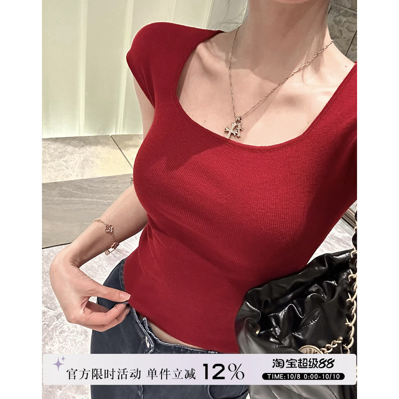 愉悦愉悦 方领短袖针织红色T恤女夏季高级紧身短款修身打底衫上衣