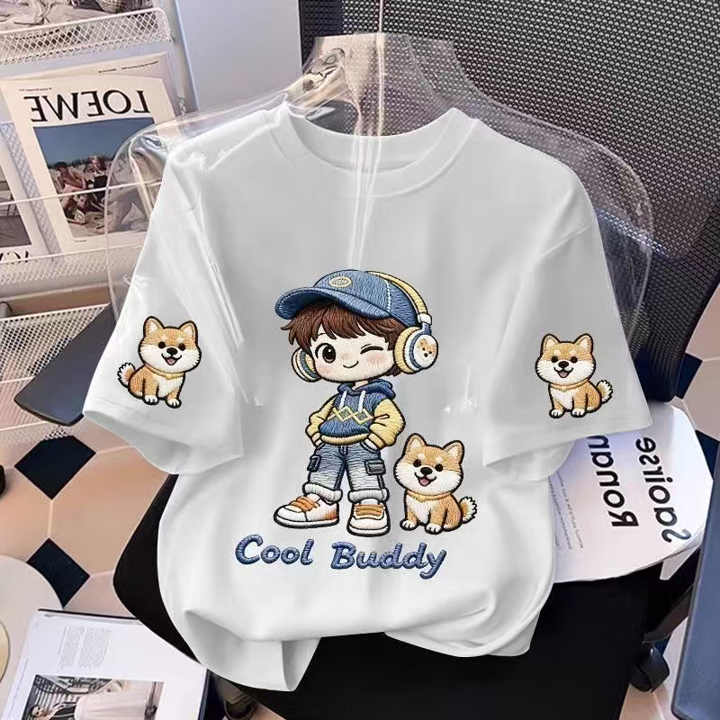 【耳机少年】男童夏短袖T恤仿刺绣卡通猫咪印花中大童宽松纯棉衣