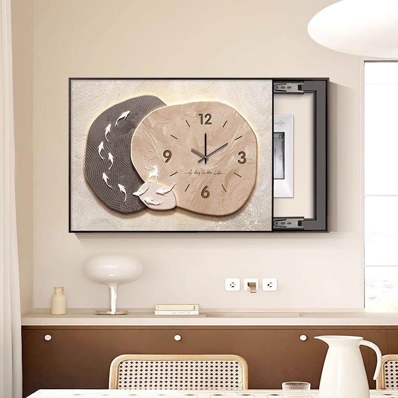 奶油风石来运转电表箱装饰画带钟表配电箱遮挡多媒体电闸餐厅挂画