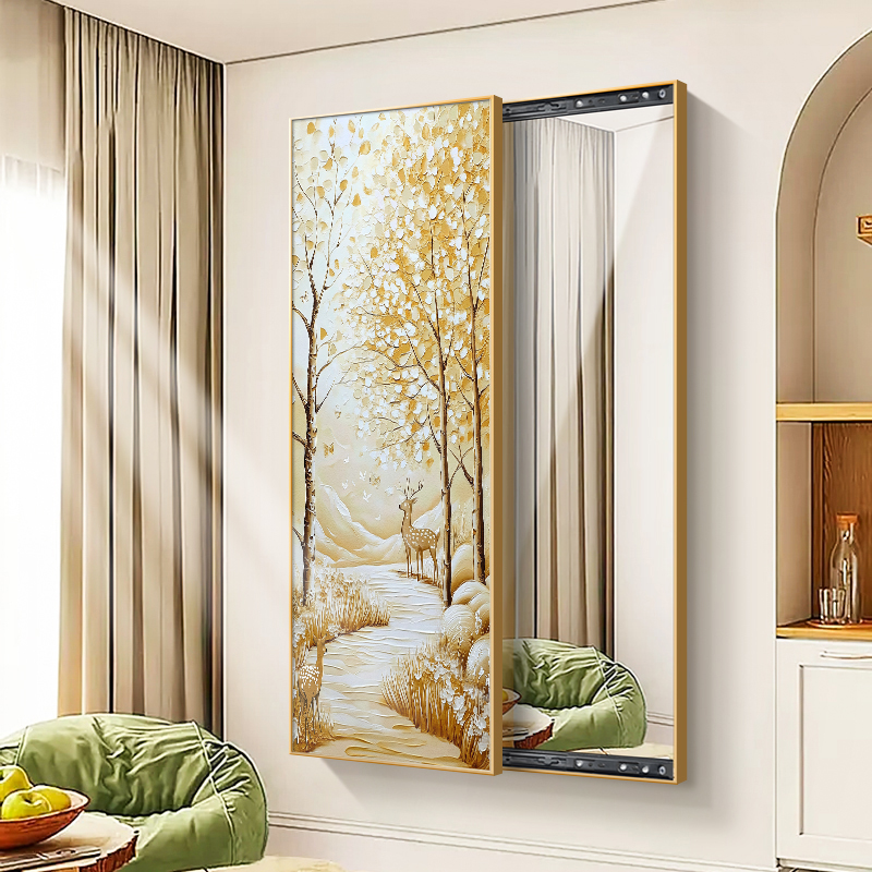 轻奢奶油风发财树暗藏式全身镜玄关镜子客厅背景墙穿衣试衣镜挂画