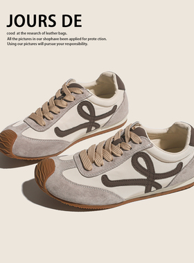 真皮平底复古德训鞋女2025新款百搭小歪头内增高休闲运动鞋阿甘鞋