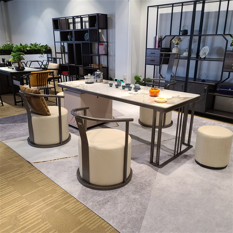 深圳现代茶桌岩板功夫茶桌铁艺大理石茶台自动上水泡茶办公室茶几