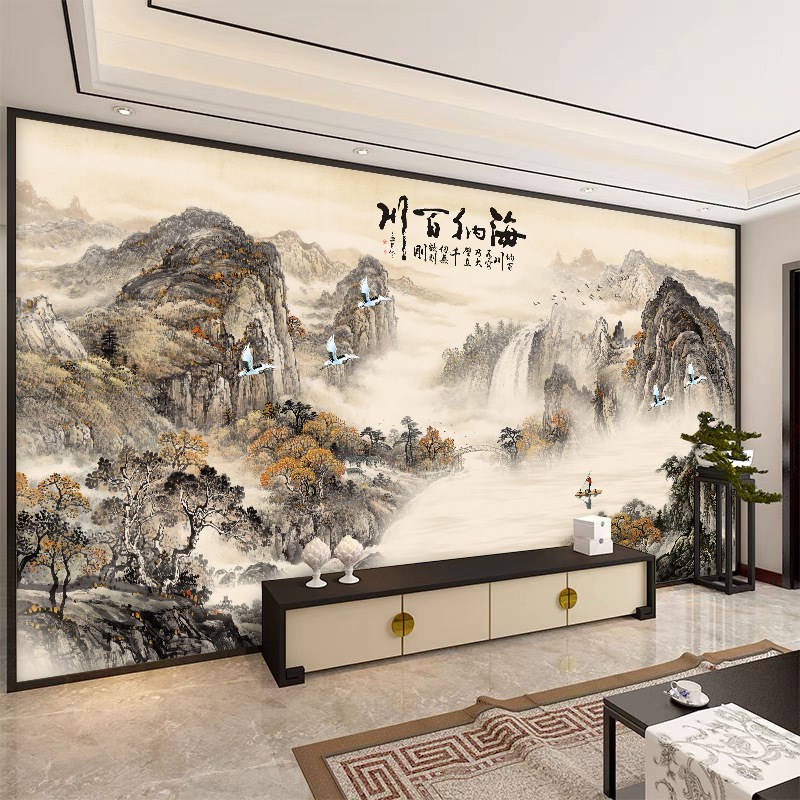新中式电视背景墙壁画大气墙纸8d立体山水画海纳百川壁纸客厅墙布
