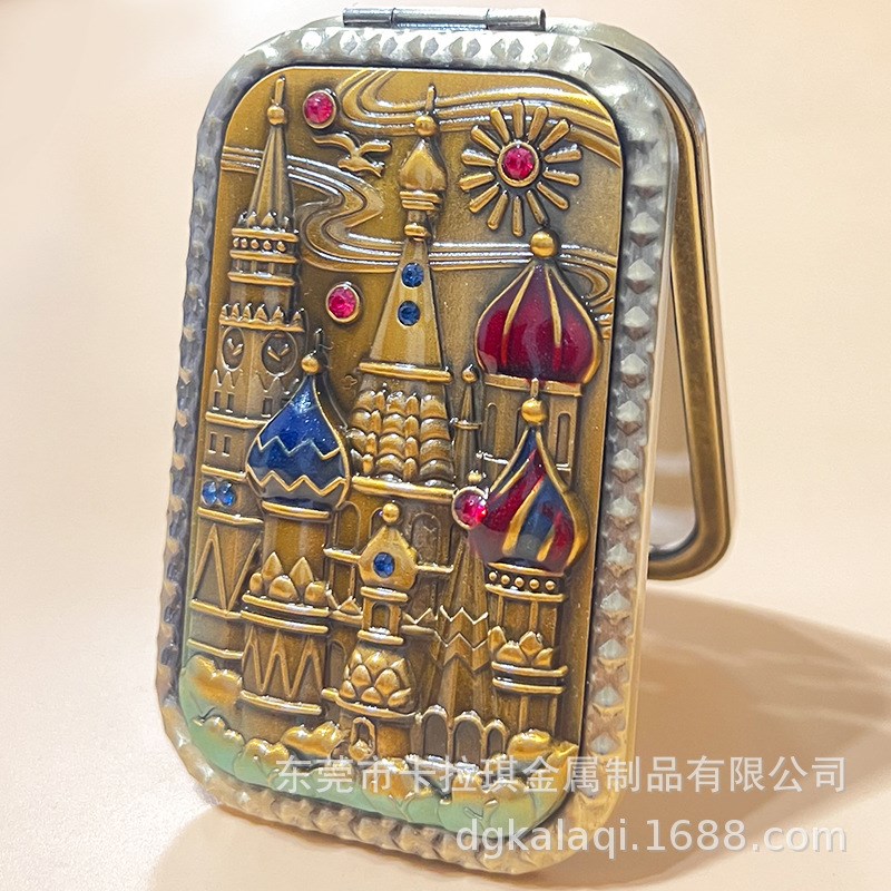 长方形便携化妆镜随身折叠梳妆镜手持双面俄罗斯复古翻盖式小镜子