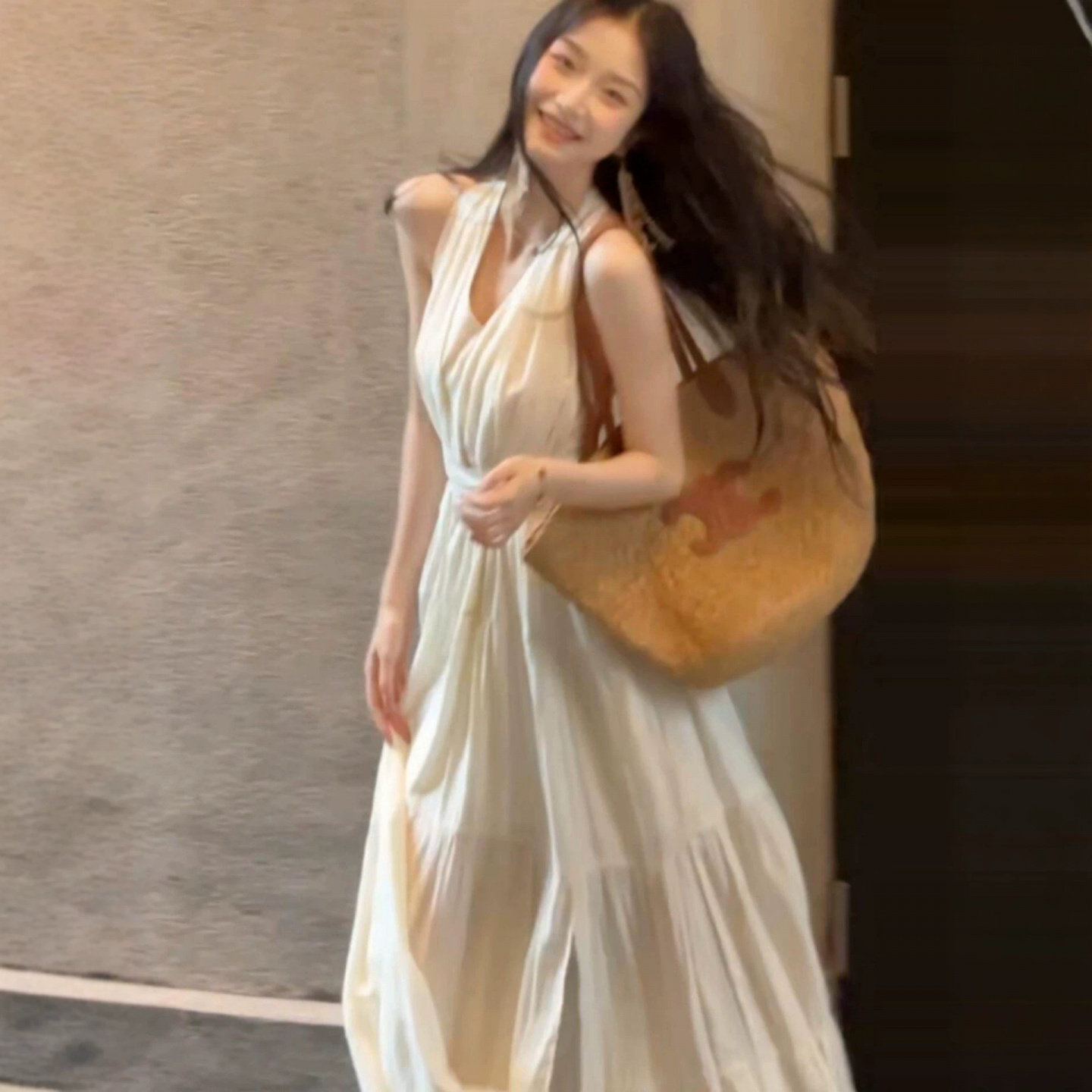 法式红挂脖吊带长裙36