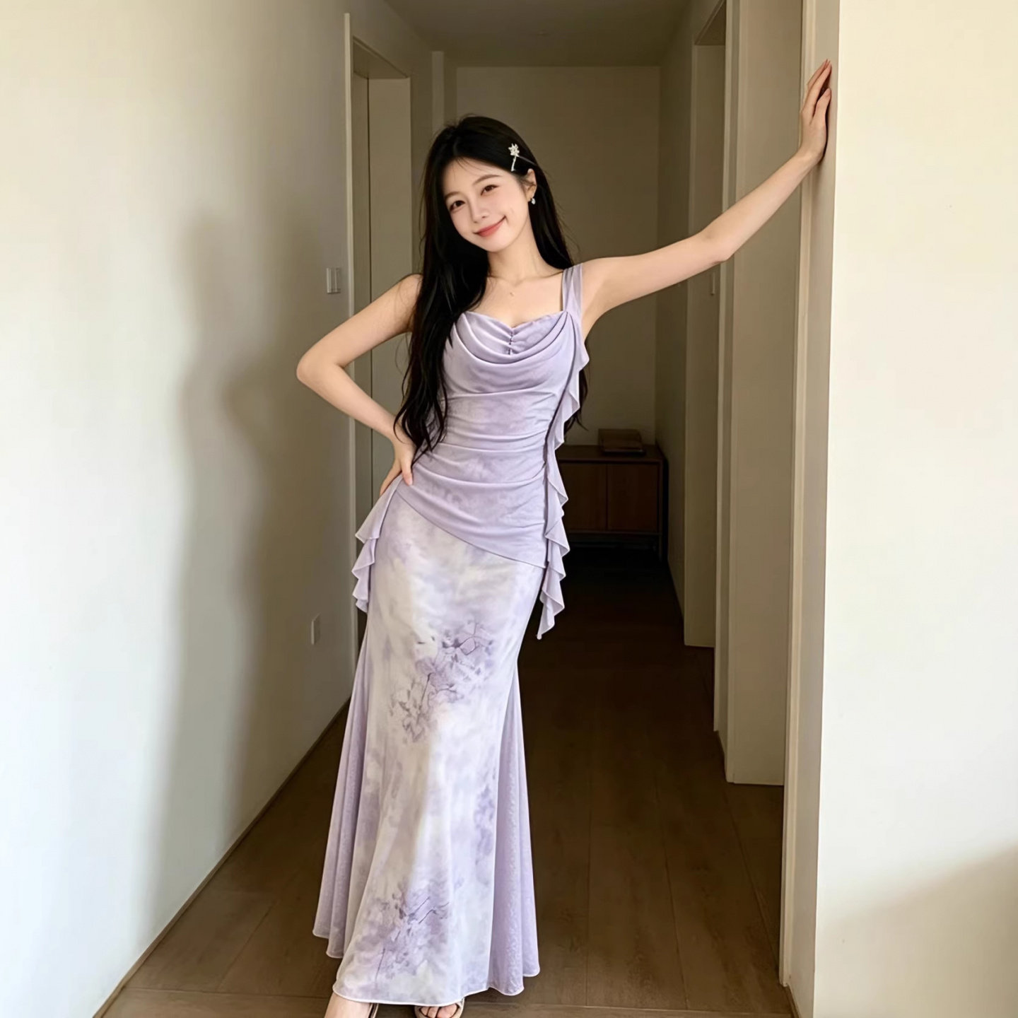 法式紫碎花吊带长裙14