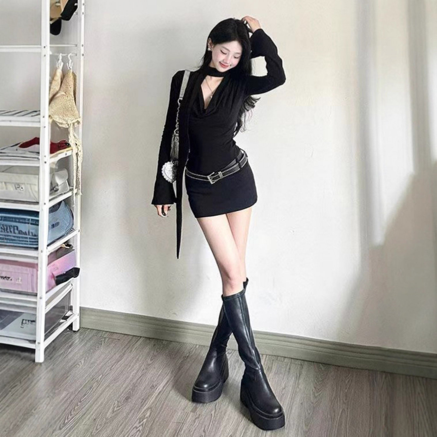 法式辣妹V领飘带黑裙6