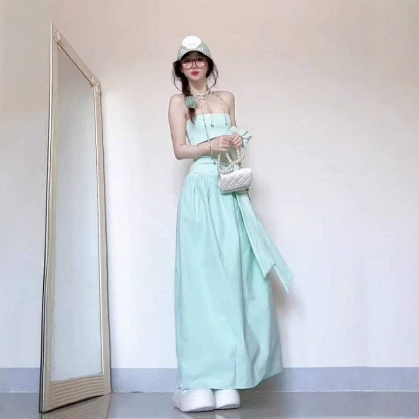 法式绿色抹胸一字肩长裙