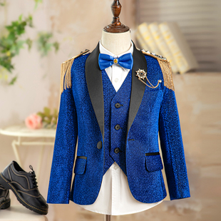 男童西装套装蓝色亮片儿童礼服小主持人吉他钢琴演出服诗朗诵正装